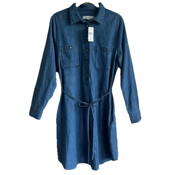 NWT Loft Denim Shirt Dress Chambray Blue Size Medium Long Sleeve Button Front - Picture 2 of 9